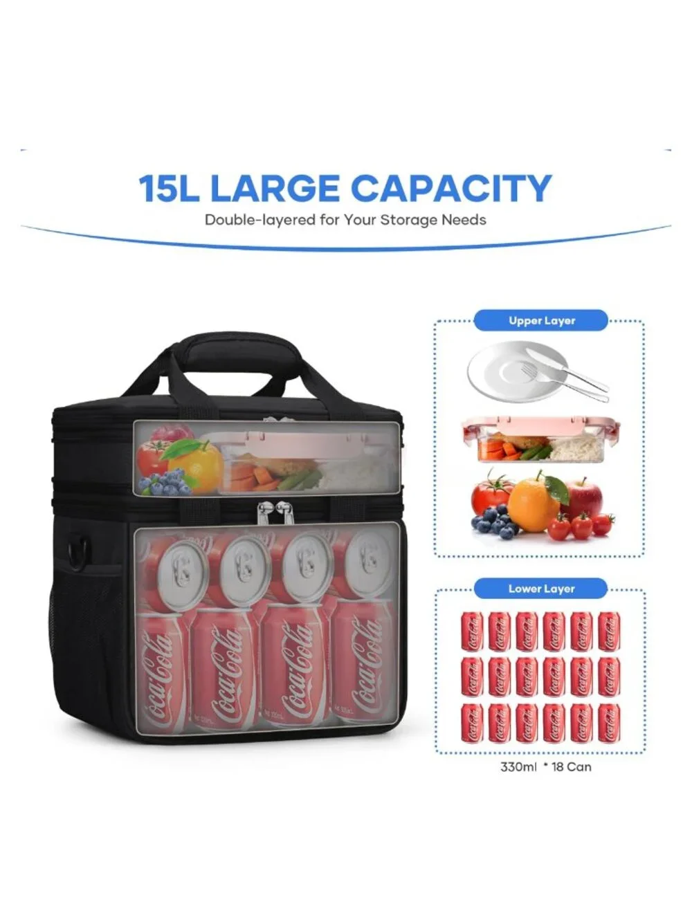 Insulated Double Deck Lunch Bag Leakproof 15L Cooler Box Work Travel